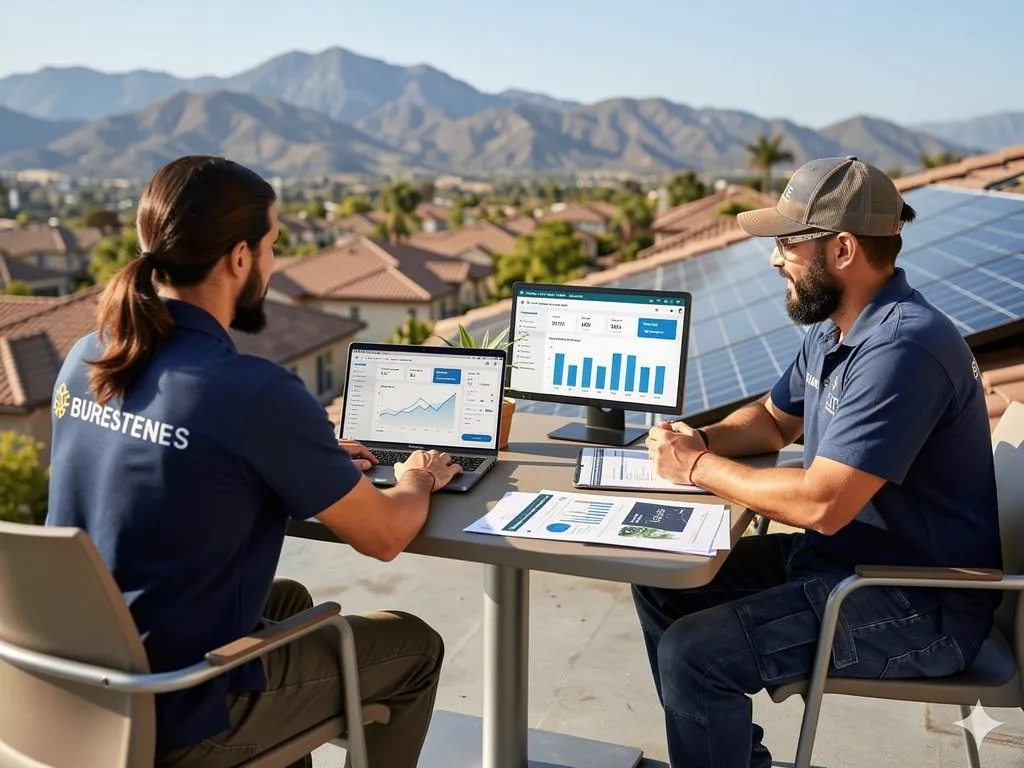 home builder reviewing web design proposals with a specialist in a professional office setting