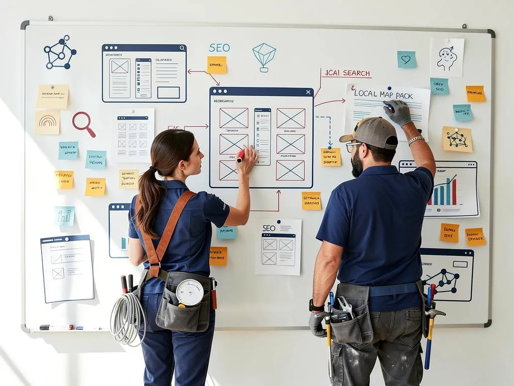 web designer and home builder client mapping out a sitemap and wireframe on a whiteboard