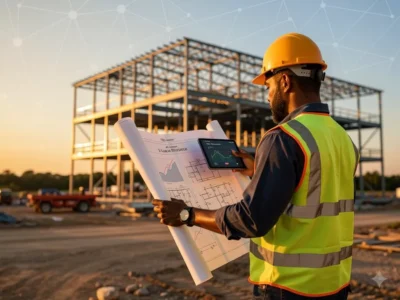 Construction company foreman reviewing blueprints at a steel-frame build site