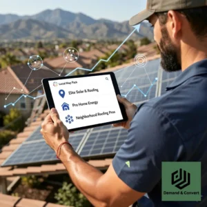 Home service contractor reviewing local SEO map pack results on a tablet at a jobsite