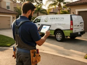 Home services contractor reviewing exclusive leads on tablet beside branded work truck