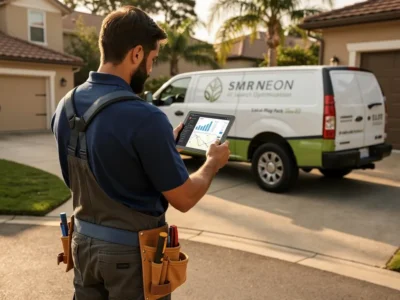 Home services contractor reviewing exclusive leads on tablet beside branded work truck