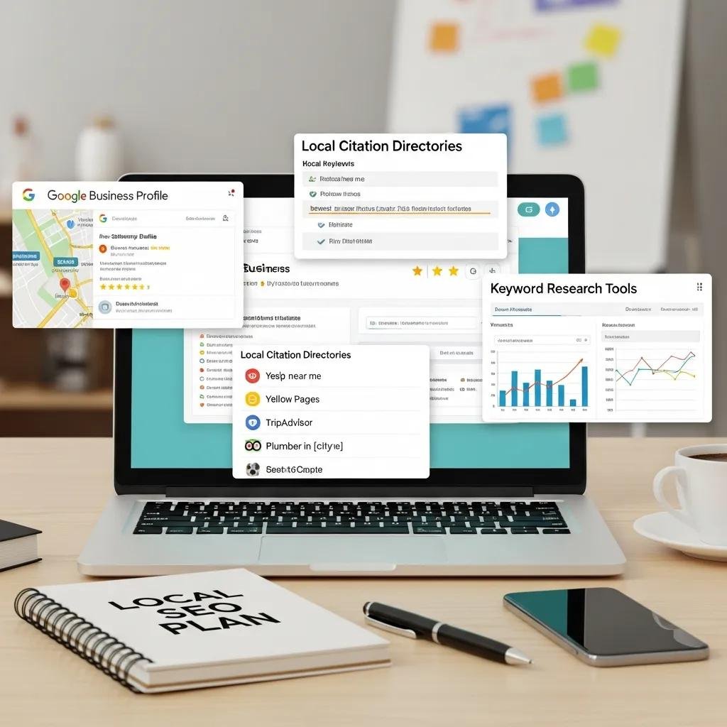 Desk with local SEO tools — Google Business Profile, keyword notes, and project photos