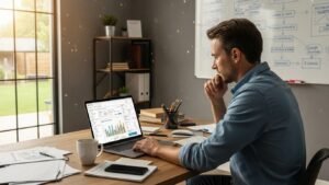 Contractor at a laptop in a home office, planning online revenue from Google