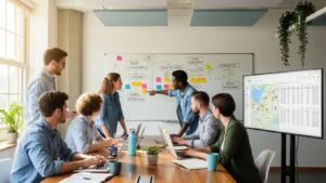 A team collaborating on local SEO strategies in a modern office