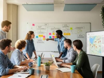 A team collaborating on local SEO strategies in a modern office
