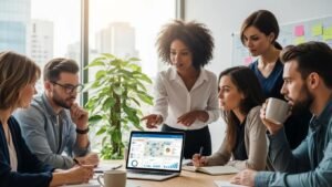 Diverse team reviewing local SEO strategy on a laptop