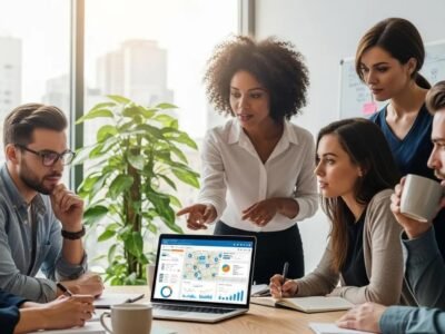 Diverse team reviewing local SEO strategy on a laptop