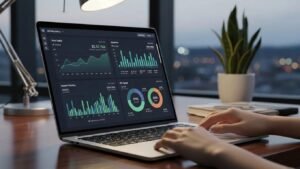 Laptop displaying SEO and PPC analytics on a digital marketing dashboard