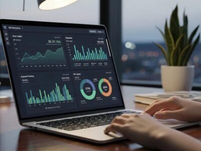 Laptop displaying SEO and PPC analytics on a digital marketing dashboard