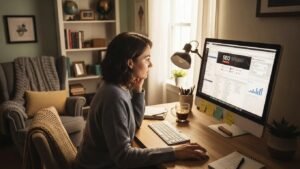 Small business owner working on SEO in a cozy office