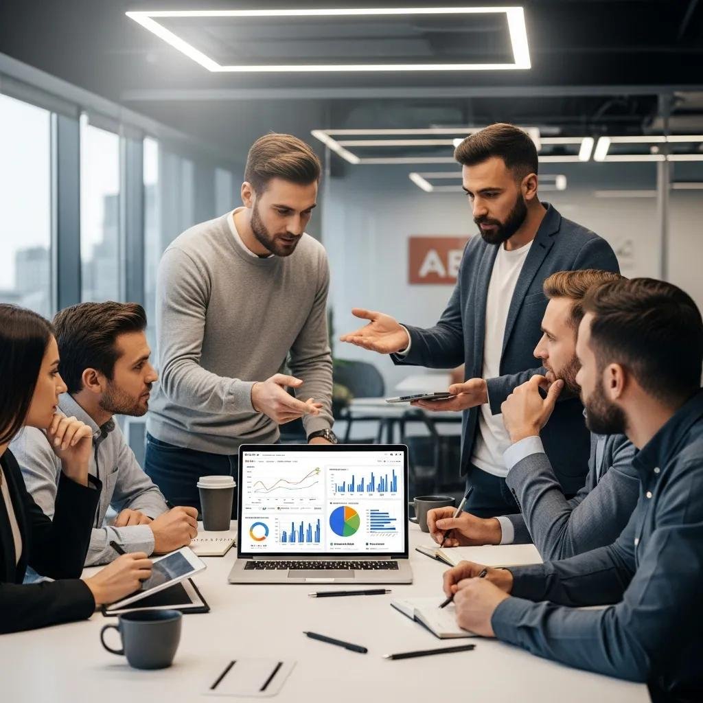 Team reviewing PPC metrics and campaign strategy in a modern office