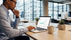 Digital marketer reviewing SEO performance on a laptop in a modern office