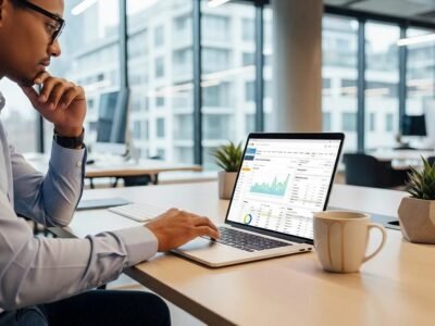 Digital marketer reviewing SEO performance on a laptop in a modern office
