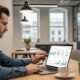 Marketer reviewing SEO metrics on a laptop in a modern office