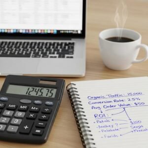 Calculator and notepad with SEO metrics on a clean desk