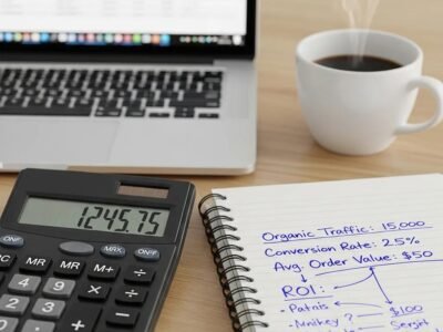 Calculator and notepad with SEO metrics on a clean desk