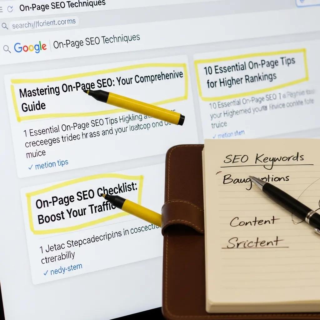 Computer screen showing a neatly structured service page highlighting key on‑page SEO elements