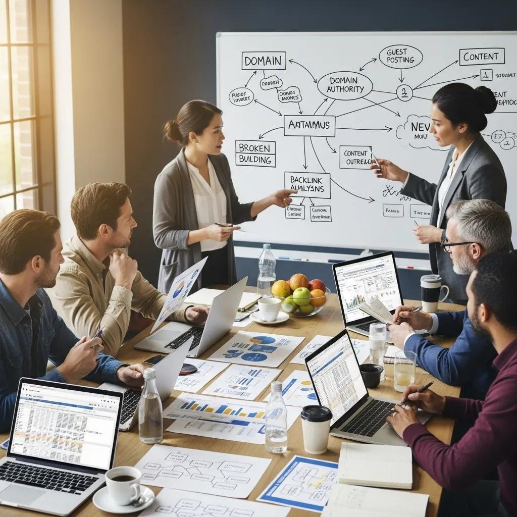Team collaborating on a backlink strategy, planning outreach and content partnerships